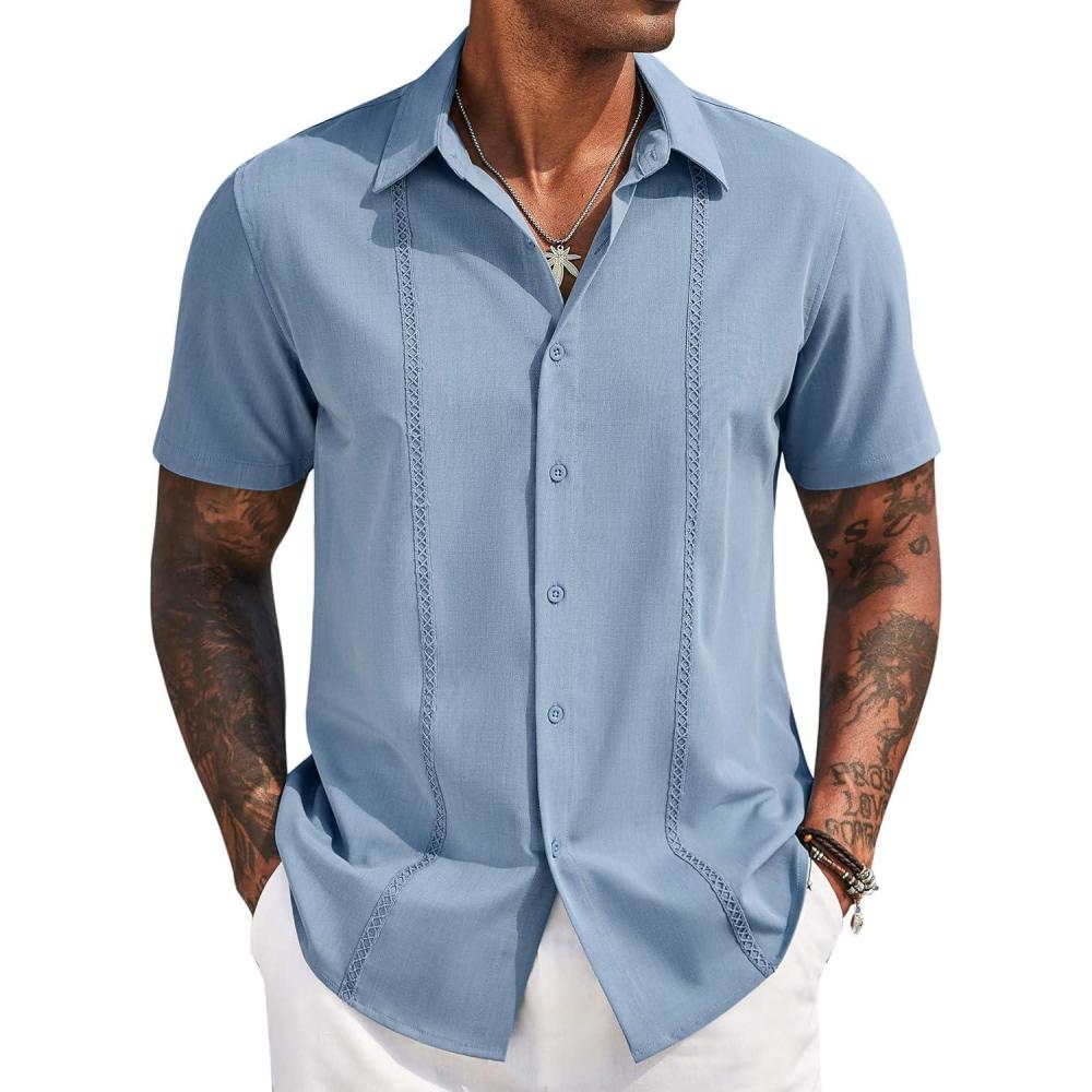 imageCOOFANDY Mens Cuban Guayabera Shirt Short Sleeve Button Down Shirts Casual Summer Beach Linen ShirtsLight Blue