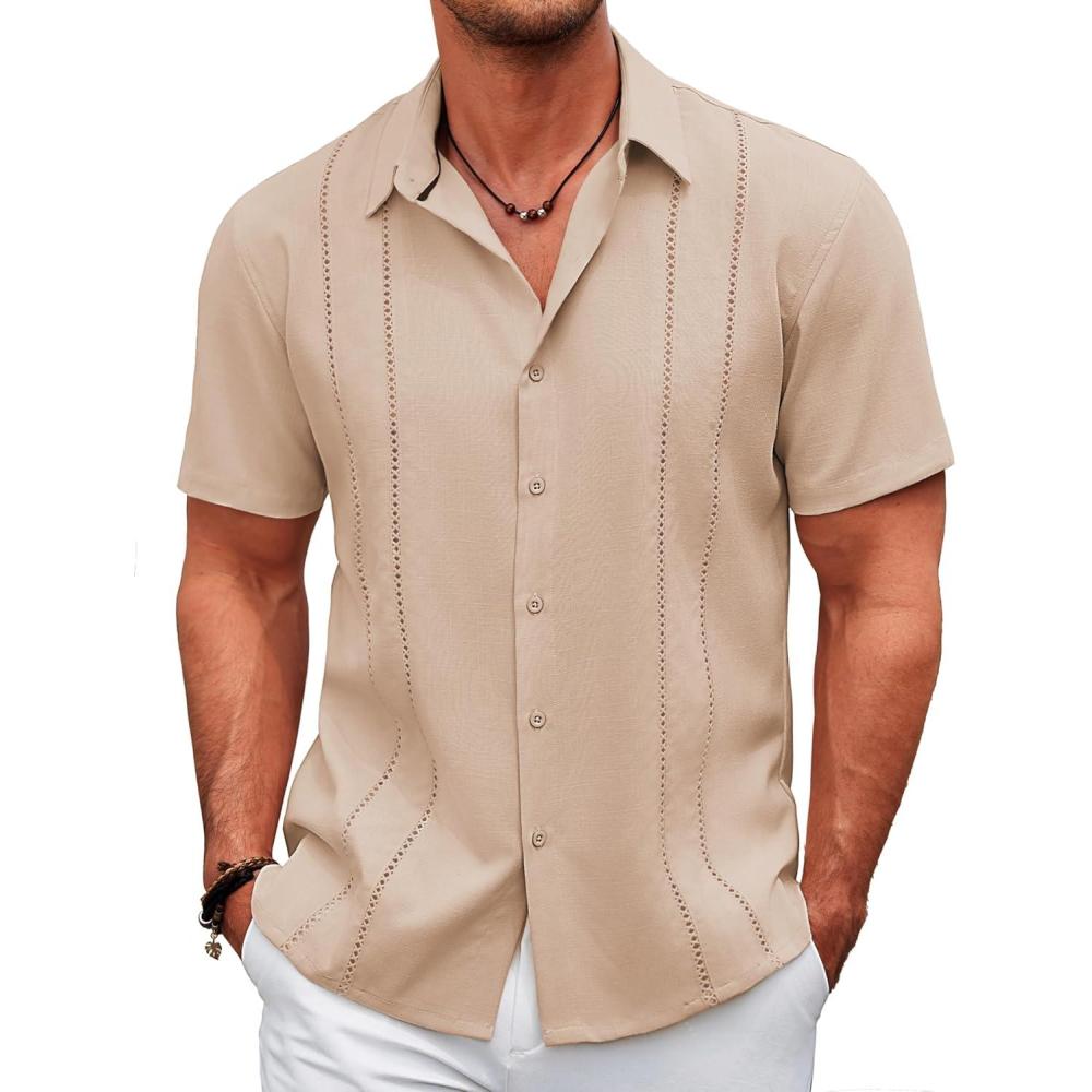 imageCOOFANDY Mens Cuban Guayabera Shirt Short Sleeve Button Down Shirts Casual Summer Beach Linen ShirtsLight Khaki