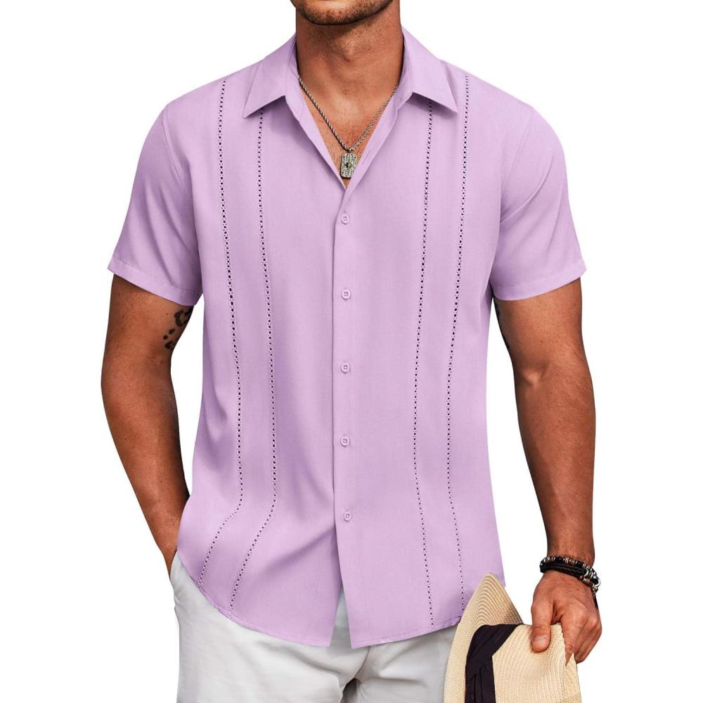imageCOOFANDY Mens Cuban Guayabera Shirt Short Sleeve Button Down Shirts Casual Summer Beach Linen ShirtsLight Purple