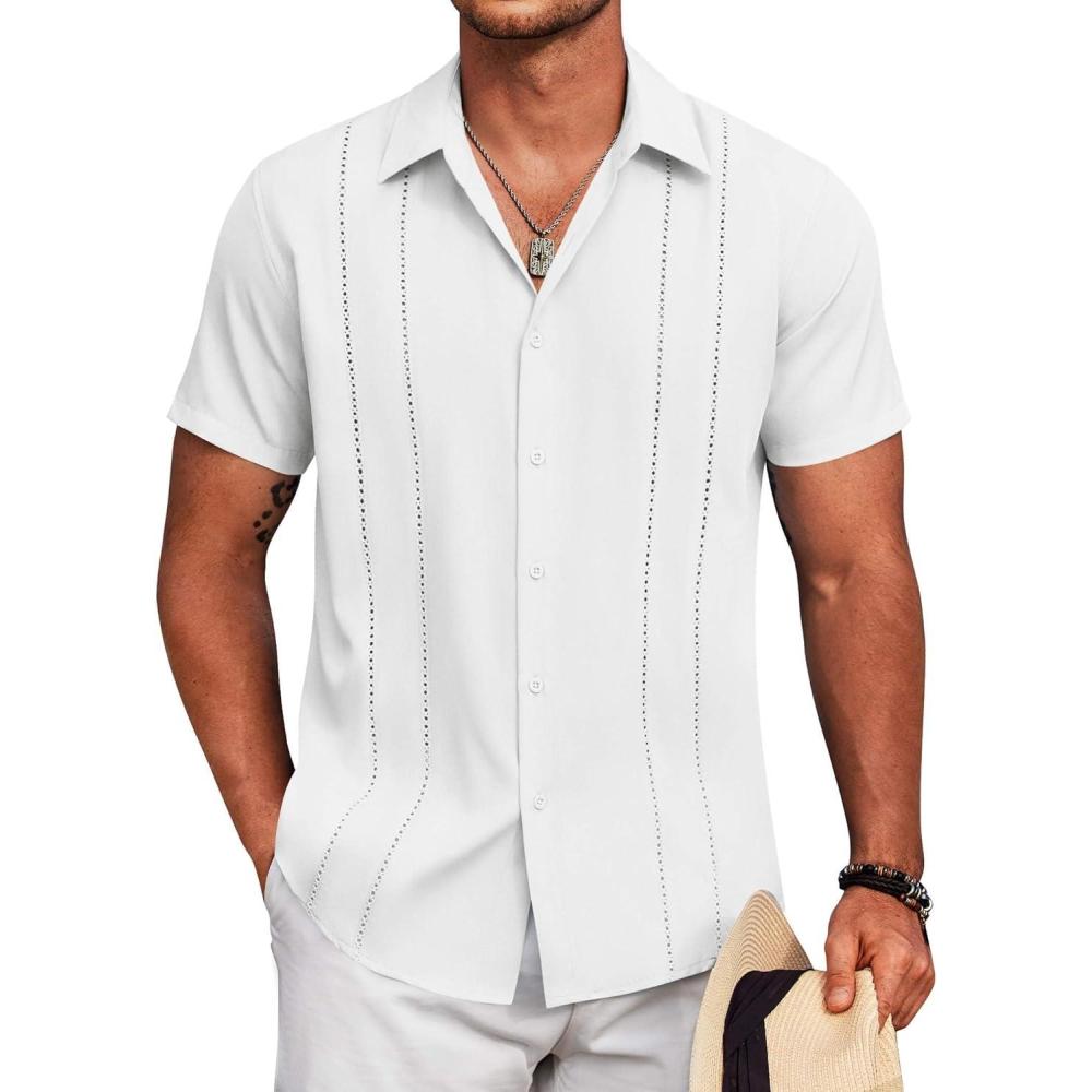 imageCOOFANDY Mens Cuban Guayabera Shirt Short Sleeve Button Down Shirts Casual Summer Beach Linen ShirtsWhite