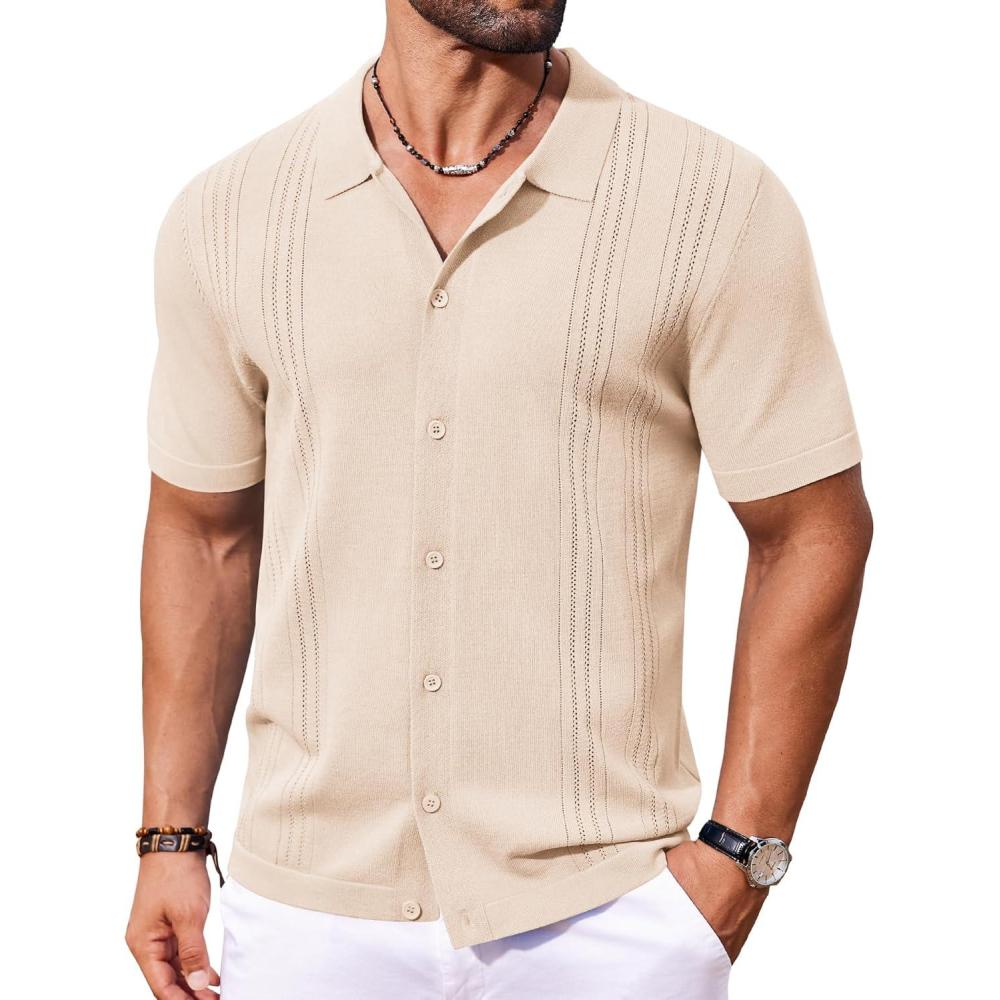 imageCOOFANDY Mens Cuban Guayabera Shirt Short Sleeve Button Down Shirts Summer Beach Vacation ShirtsApricot