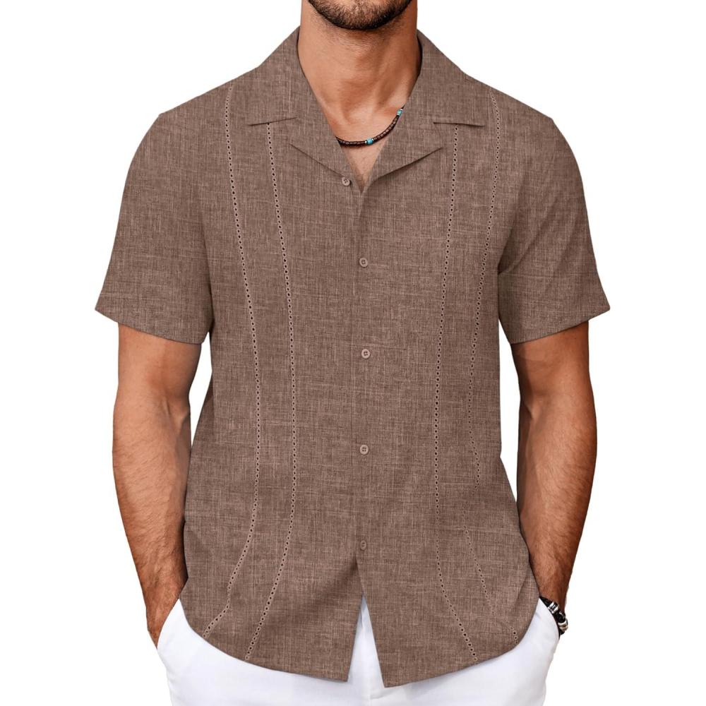 imageCOOFANDY Mens Cuban Guayabera Shirt Short Sleeve Button Down Shirts Summer Beach Vacation ShirtsBrown