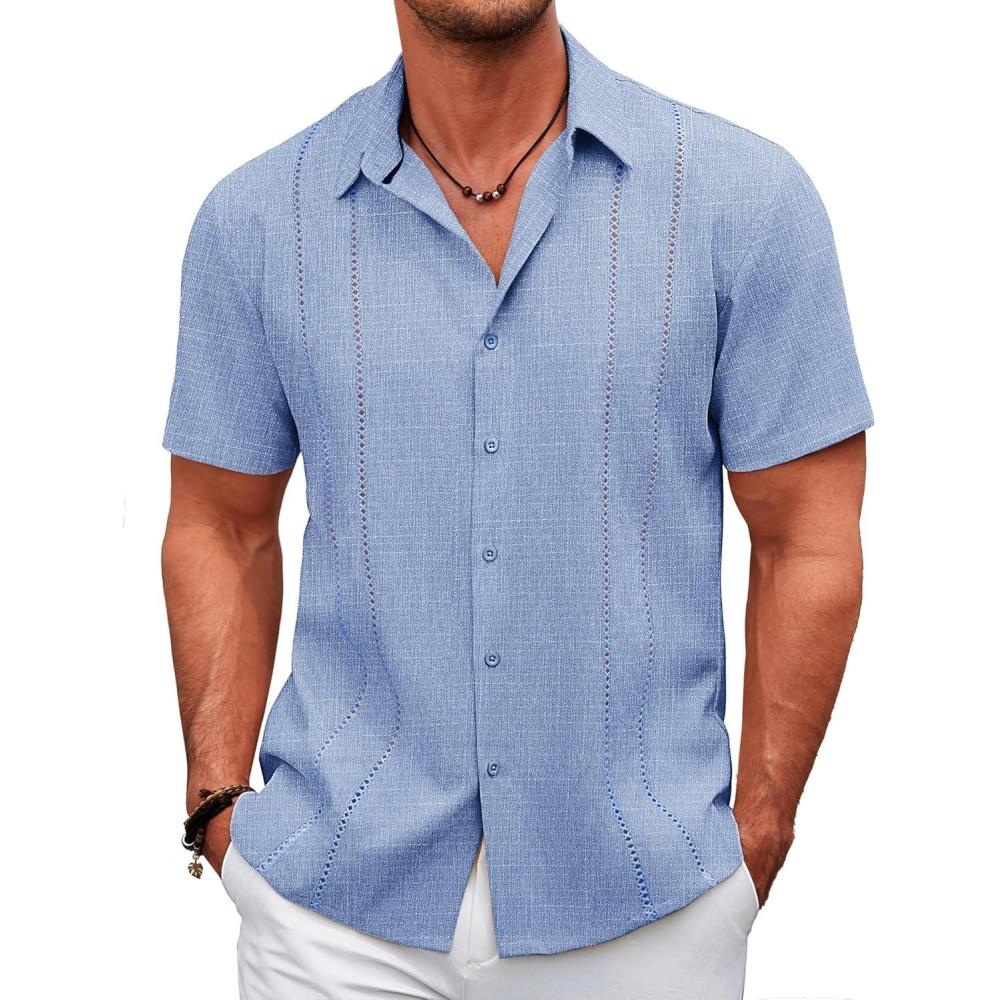 imageCOOFANDY Mens Cuban Guayabera Shirt Short Sleeve Button Down Shirts Summer Beach Vacation ShirtsCornflower Blue