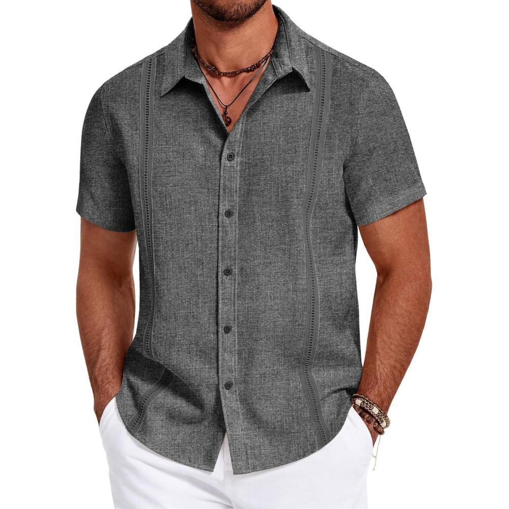 imageCOOFANDY Mens Cuban Guayabera Shirt Short Sleeve Button Down Shirts Summer Beach Vacation ShirtsDark Gray