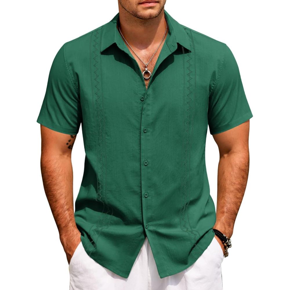 imageCOOFANDY Mens Cuban Guayabera Shirt Short Sleeve Button Down Shirts Summer Beach Vacation ShirtsForest Green