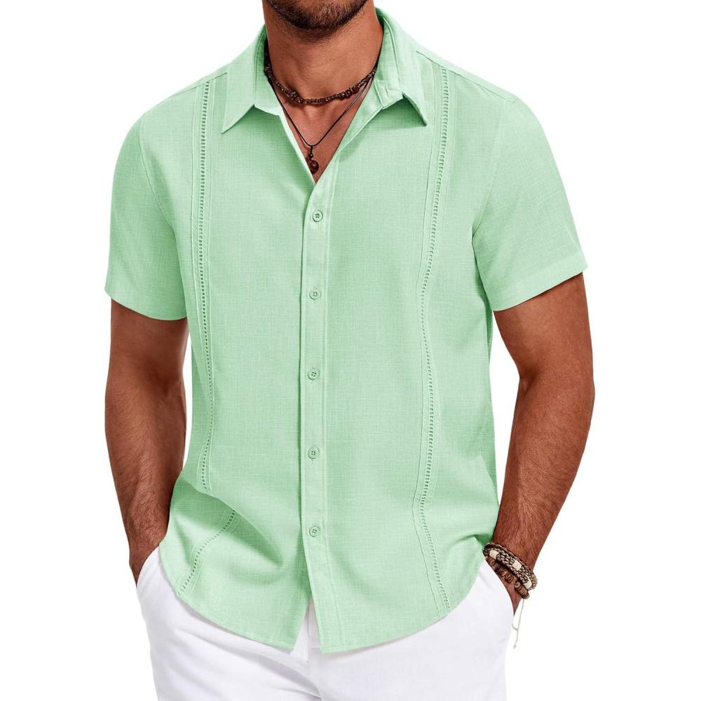 imageCOOFANDY Mens Cuban Guayabera Shirt Short Sleeve Button Down Shirts Summer Beach Vacation ShirtsIce Green