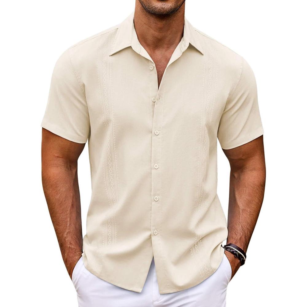 imageCOOFANDY Mens Cuban Guayabera Shirt Short Sleeve Linen Button Down Shirts Casual Summer Beach TopsBeige