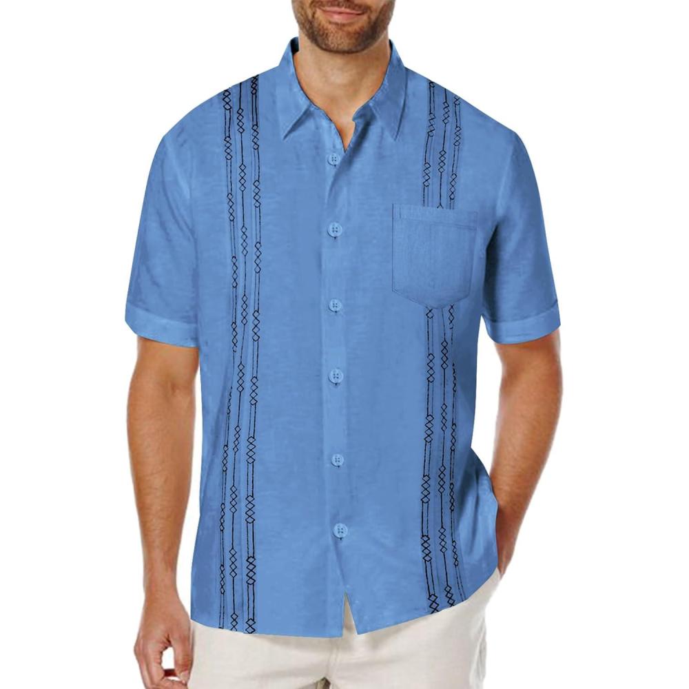 imageCOOFANDY Mens Cuban Guayabera Shirt Short Sleeve Linen Button Down Shirts Casual Summer Beach TopsBlue