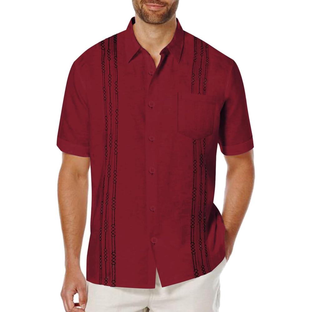 imageCOOFANDY Mens Cuban Guayabera Shirt Short Sleeve Linen Button Down Shirts Casual Summer Beach TopsBurgundy
