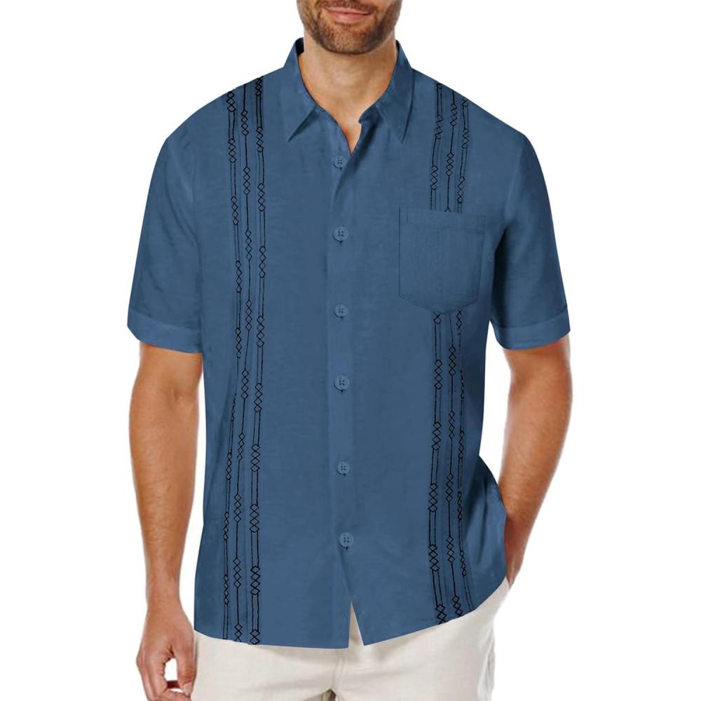 imageCOOFANDY Mens Cuban Guayabera Shirt Short Sleeve Linen Button Down Shirts Casual Summer Beach TopsDark Blue