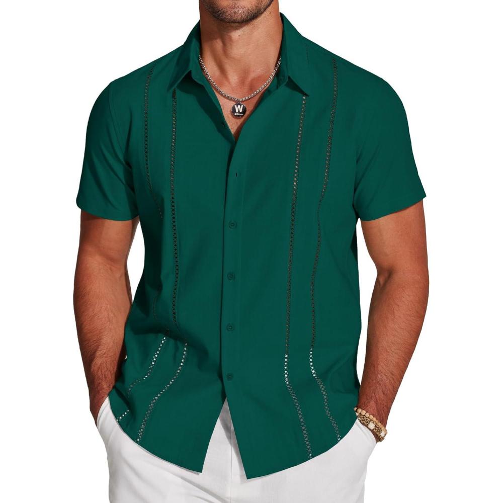 imageCOOFANDY Mens Cuban Guayabera Shirt Short Sleeve Linen Button Down Shirts Casual Summer Beach TopsDark Green
