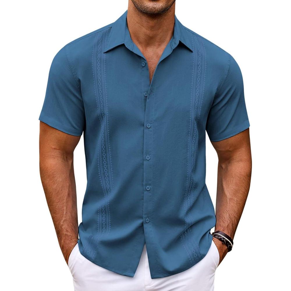 imageCOOFANDY Mens Cuban Guayabera Shirt Short Sleeve Linen Button Down Shirts Casual Summer Beach TopsDenim Blue