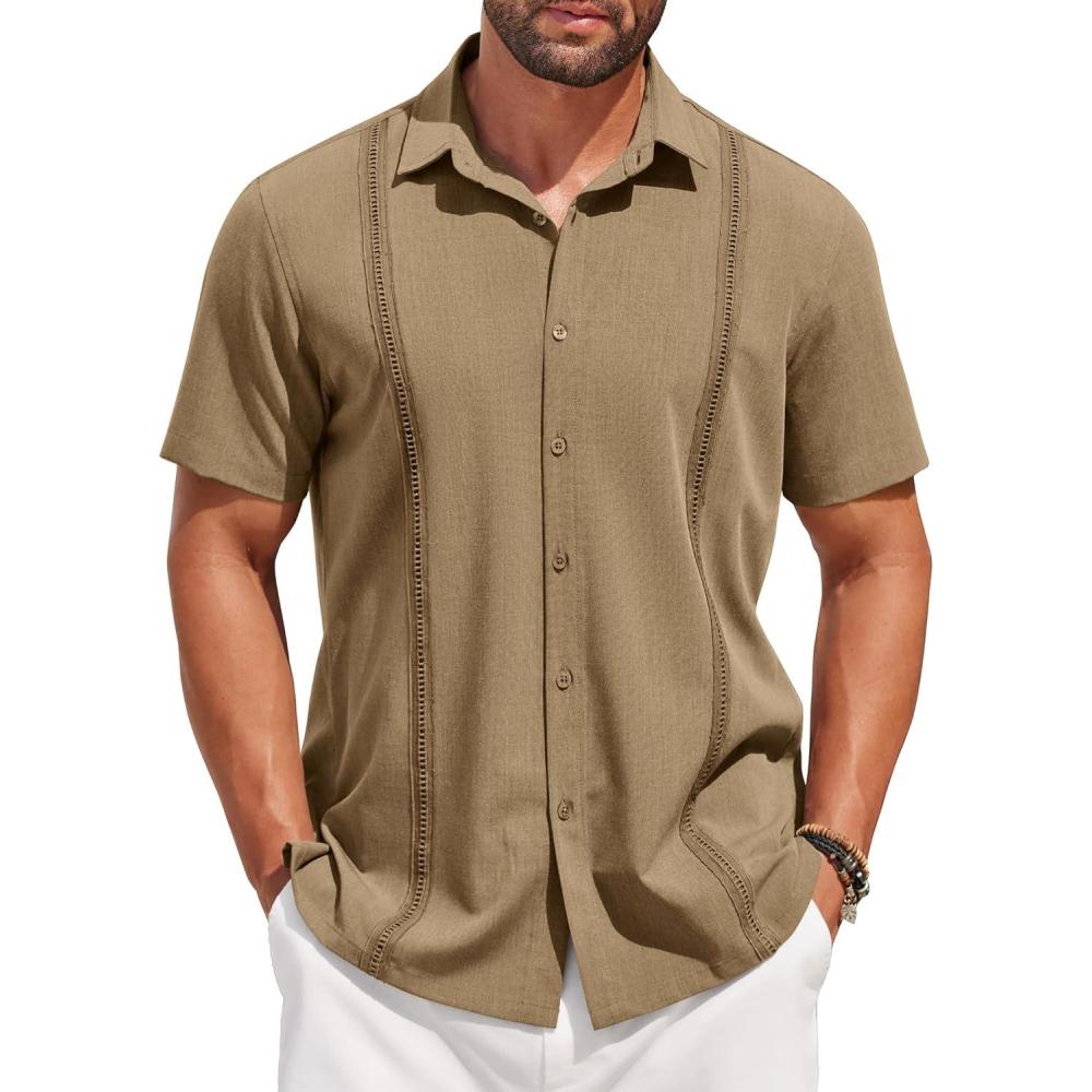 imageCOOFANDY Mens Cuban Guayabera Shirt Short Sleeve Linen Button Down Shirts Casual Summer Beach TopsLight Brown