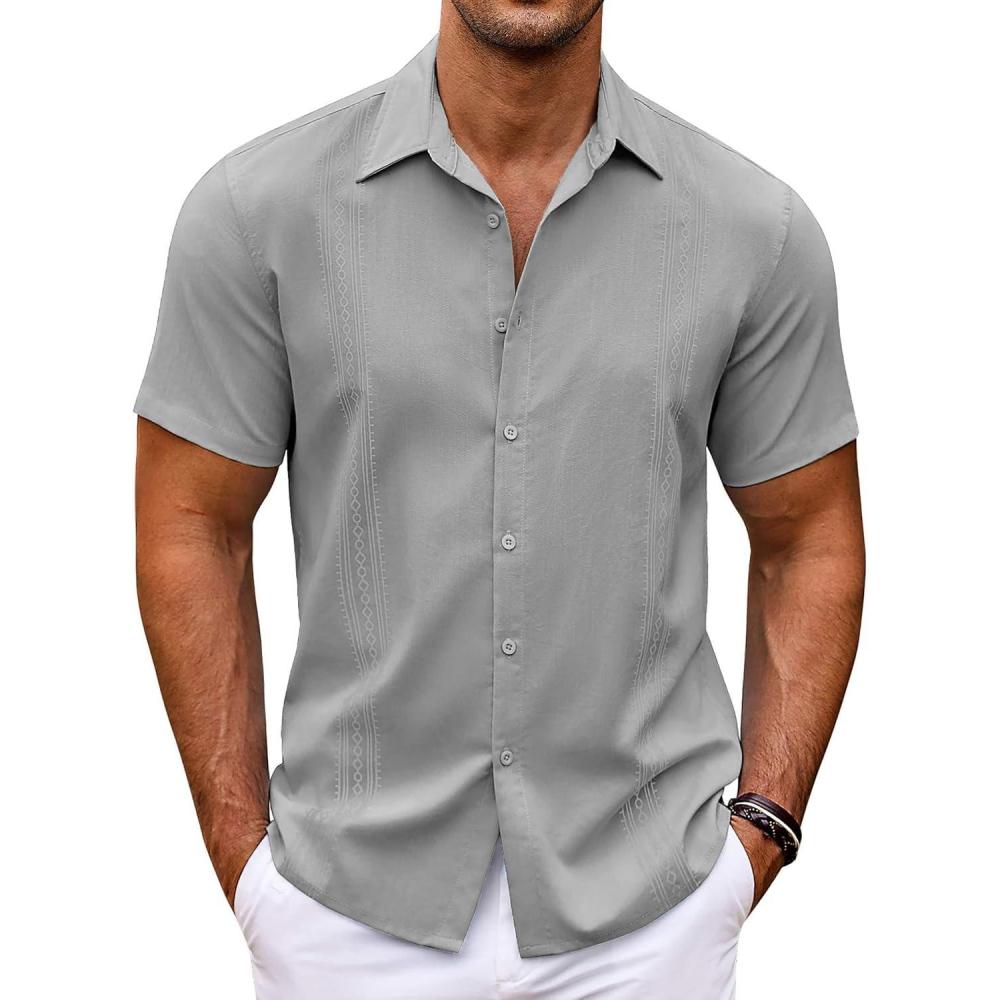 imageCOOFANDY Mens Cuban Guayabera Shirt Short Sleeve Linen Button Down Shirts Casual Summer Beach TopsLight Grey
