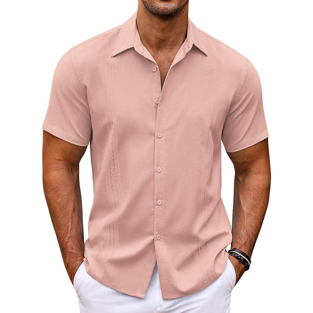 imageCOOFANDY Mens Cuban Guayabera Shirt Short Sleeve Linen Button Down Shirts Casual Summer Beach TopsMisty Rose