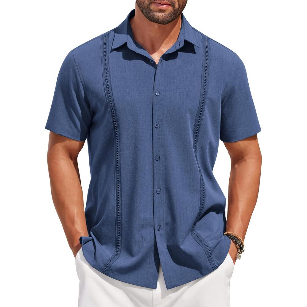 imageCOOFANDY Mens Cuban Guayabera Shirt Short Sleeve Linen Button Down Shirts Casual Summer Beach TopsRoyal Blue