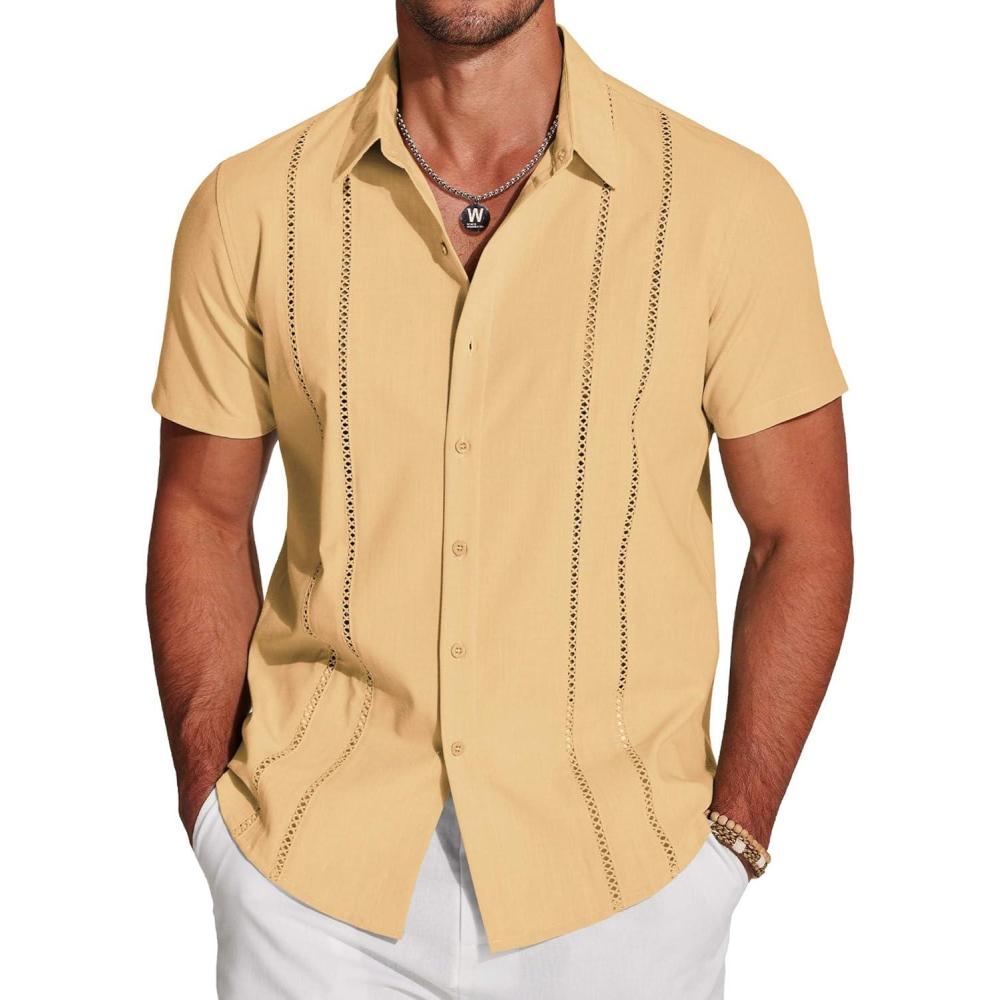 imageCOOFANDY Mens Cuban Guayabera Shirt Short Sleeve Linen Button Down Shirts Casual Summer Beach TopsYellow
