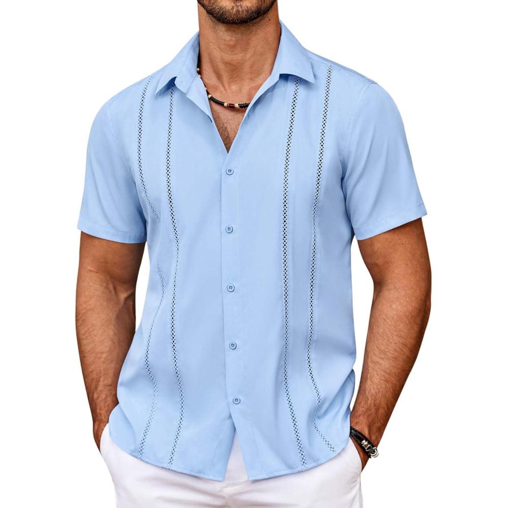 imageCOOFANDY Mens Cuban Guayabera Shirt Summer Beach Vacation Shirt Casual Short Sleeve Button Down Resort WearAngel Falls