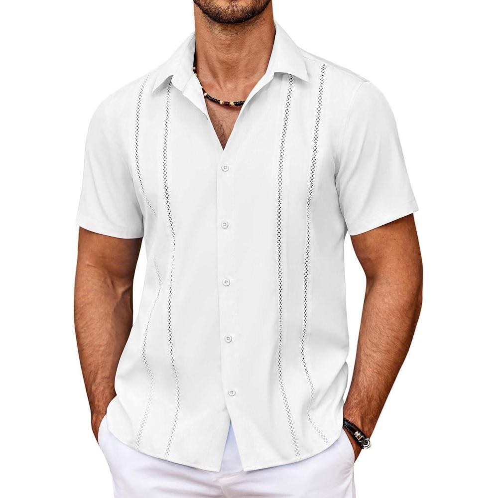 imageCOOFANDY Mens Cuban Guayabera Shirt Summer Beach Vacation Shirt Casual Short Sleeve Button Down Resort WearAwhite