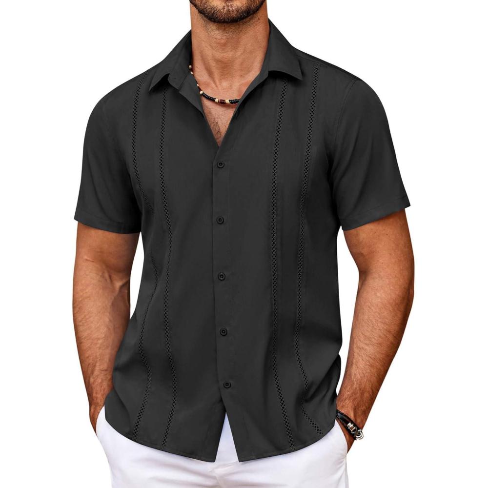 imageCOOFANDY Mens Cuban Guayabera Shirt Summer Beach Vacation Shirt Casual Short Sleeve Button Down Resort WearBlack