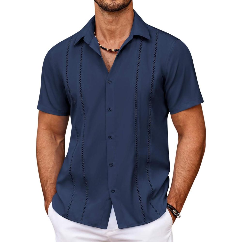 imageCOOFANDY Mens Cuban Guayabera Shirt Summer Beach Vacation Shirt Casual Short Sleeve Button Down Resort WearBlack Iris