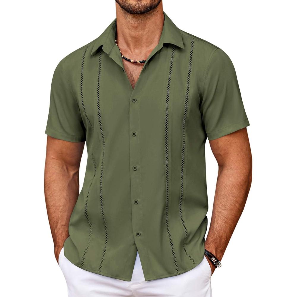 imageCOOFANDY Mens Cuban Guayabera Shirt Summer Beach Vacation Shirt Casual Short Sleeve Button Down Resort WearChive