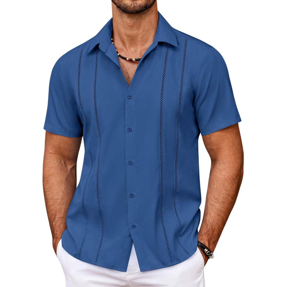 imageCOOFANDY Mens Cuban Guayabera Shirt Summer Beach Vacation Shirt Casual Short Sleeve Button Down Resort WearDark Blue