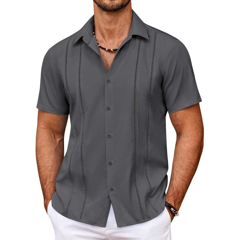 imageCOOFANDY Mens Cuban Guayabera Shirt Summer Beach Vacation Shirt Casual Short Sleeve Button Down Resort WearGranite Gray