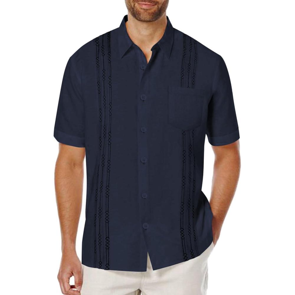 imageCOOFANDY Mens Cuban Guayabera Shirt Summer Beach Vacation Shirt Casual Short Sleeve Button Down Resort WearNavy Blue