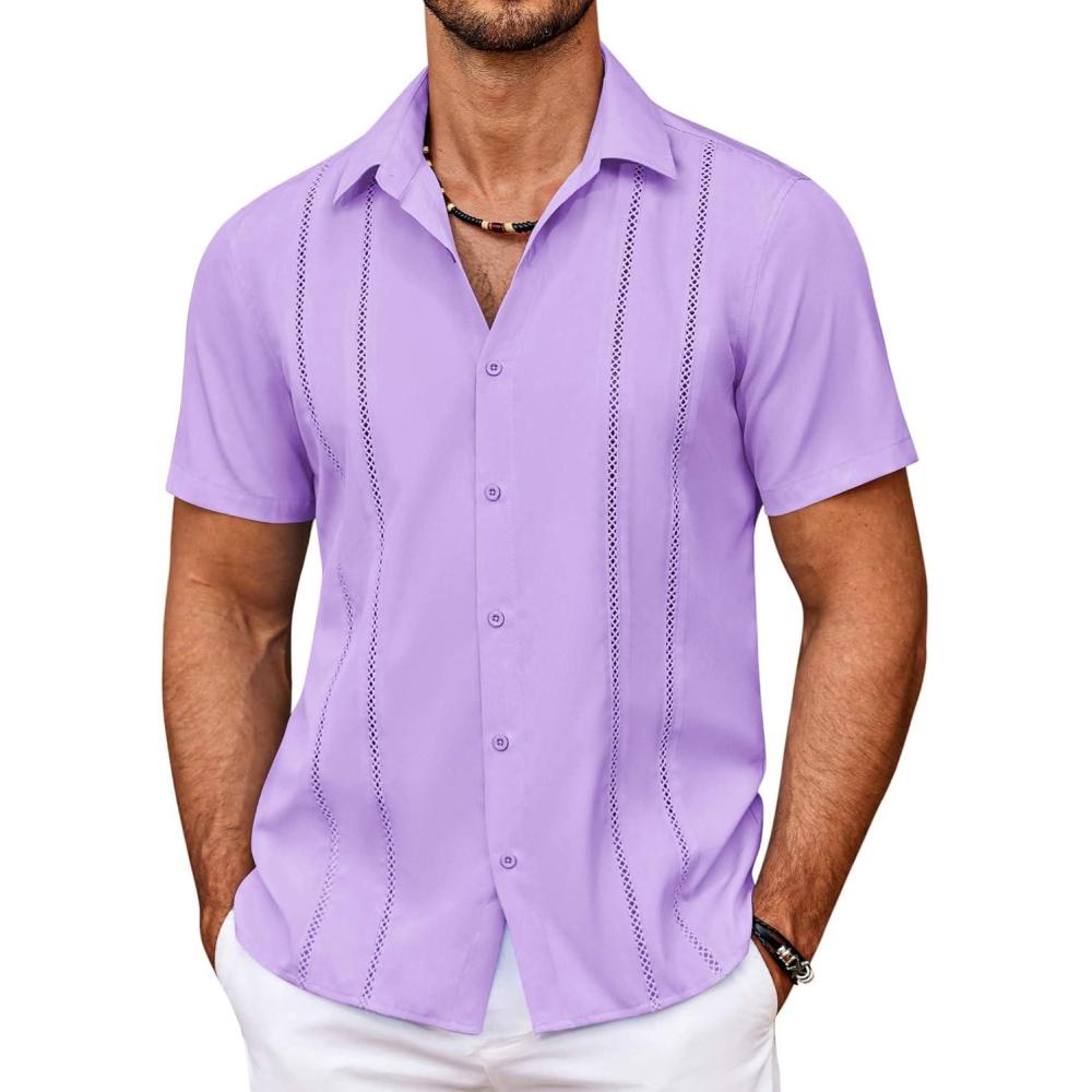 imageCOOFANDY Mens Cuban Guayabera Shirt Summer Beach Vacation Shirt Casual Short Sleeve Button Down Resort WearPurple Rose