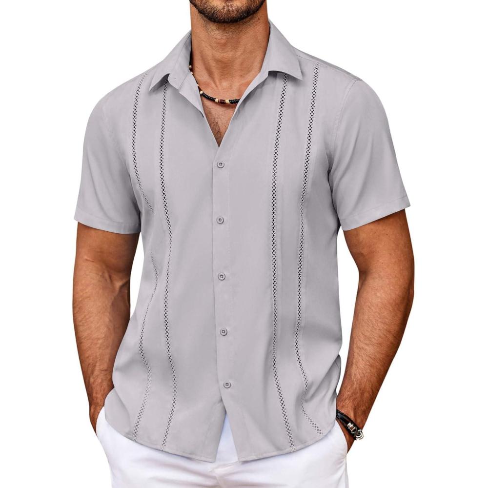 imageCOOFANDY Mens Cuban Guayabera Shirt Summer Beach Vacation Shirt Casual Short Sleeve Button Down Resort WearQuiet Gray