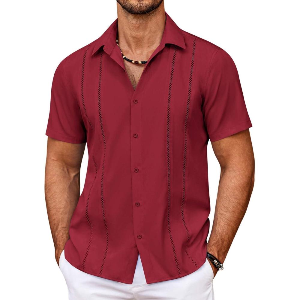 imageCOOFANDY Mens Cuban Guayabera Shirt Summer Beach Vacation Shirt Casual Short Sleeve Button Down Resort WearRed Dahlia