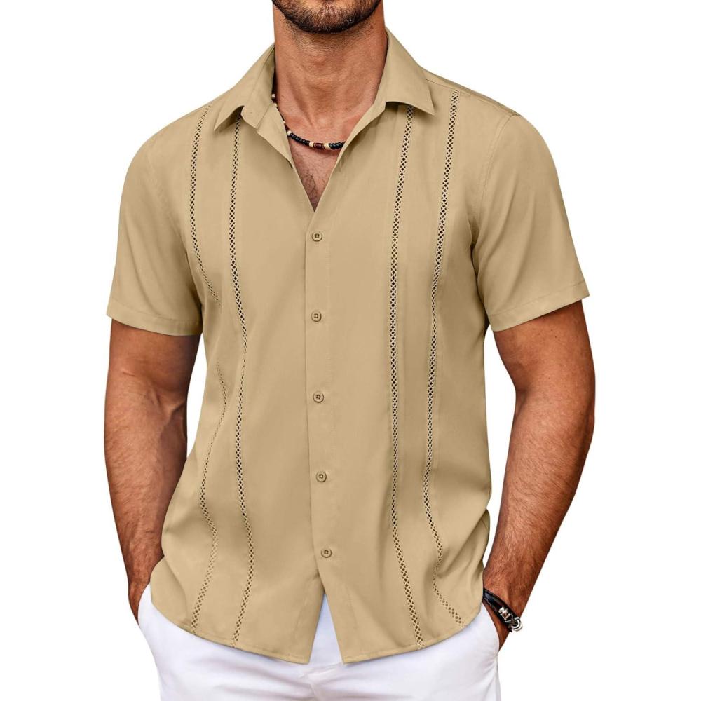 imageCOOFANDY Mens Cuban Guayabera Shirt Summer Beach Vacation Shirt Casual Short Sleeve Button Down Resort WearSesame