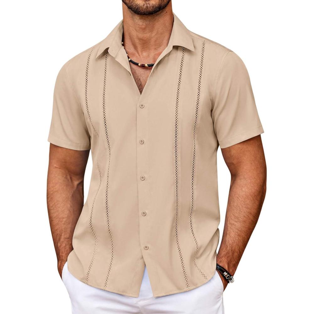 imageCOOFANDY Mens Cuban Guayabera Shirt Summer Beach Vacation Shirt Casual Short Sleeve Button Down Resort WearShortbread