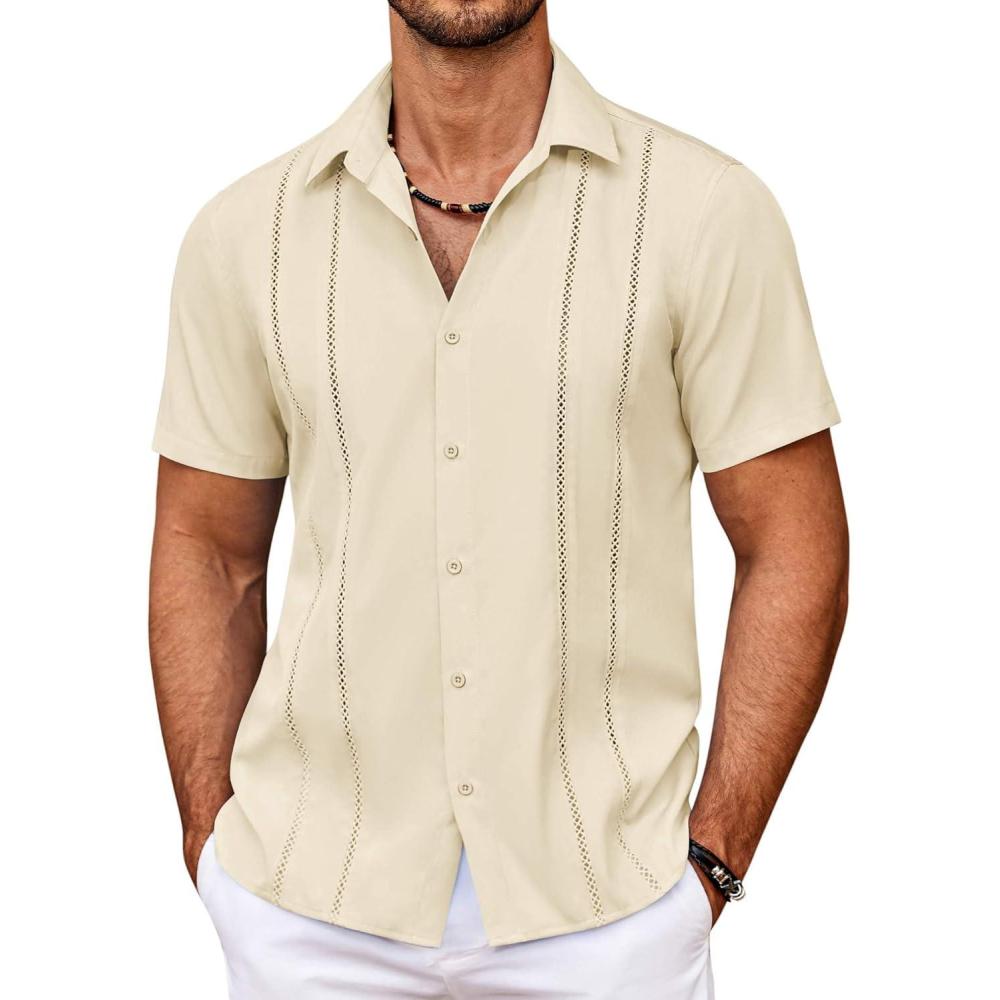 imageCOOFANDY Mens Cuban Guayabera Shirt Summer Beach Vacation Shirt Casual Short Sleeve Button Down Resort WearVanilla Ice