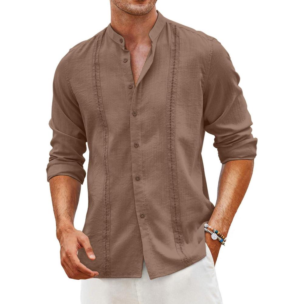 imageCOOFANDY Mens Cuban Guayabera Shirts Casual Long Sleeve Button Down Shirts Band Collar Linen Summer Beach ShirtsBrown