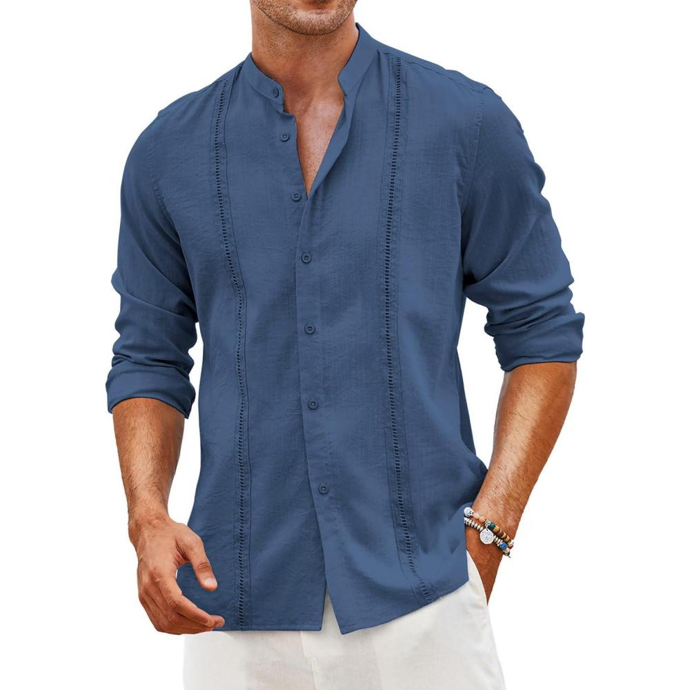 imageCOOFANDY Mens Cuban Guayabera Shirts Casual Long Sleeve Button Down Shirts Band Collar Linen Summer Beach ShirtsDenim Blue