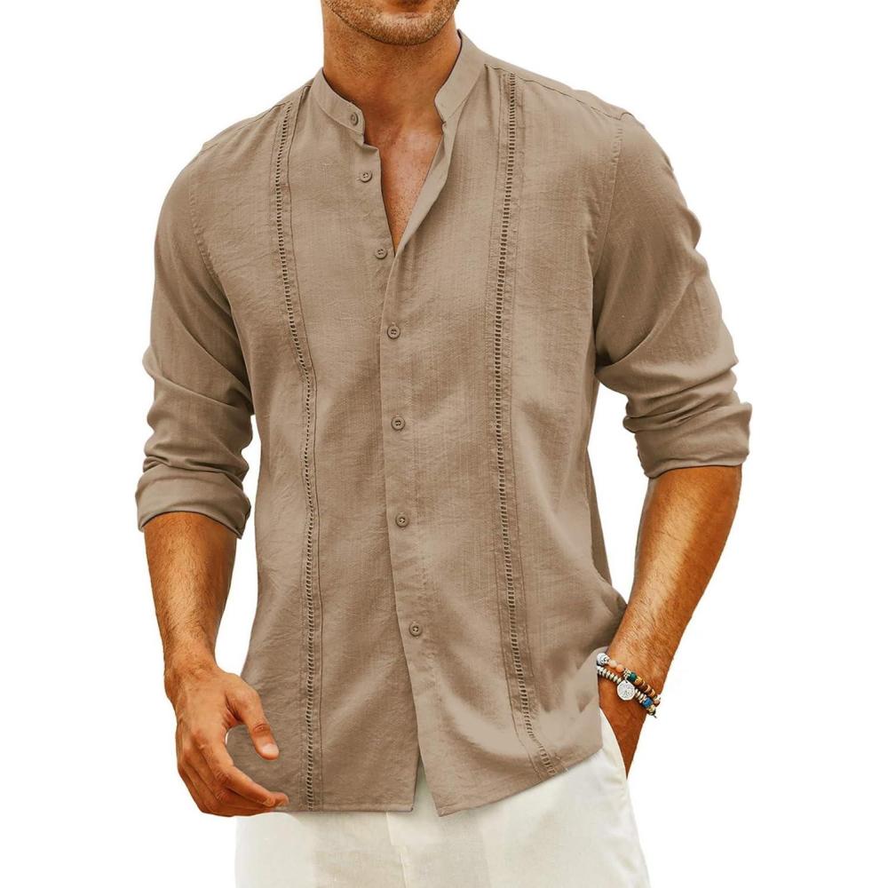 imageCOOFANDY Mens Cuban Guayabera Shirts Casual Long Sleeve Button Down Shirts Band Collar Linen Summer Beach ShirtsLight Tan