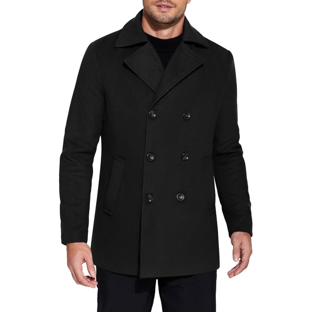imageCOOFANDY Mens Double Breasted Pea Coat Winter Overcoat Short Trench Coat Notched CollarBlack