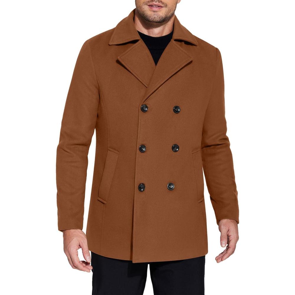 imageCOOFANDY Mens Double Breasted Pea Coat Winter Overcoat Short Trench Coat Notched CollarBrown