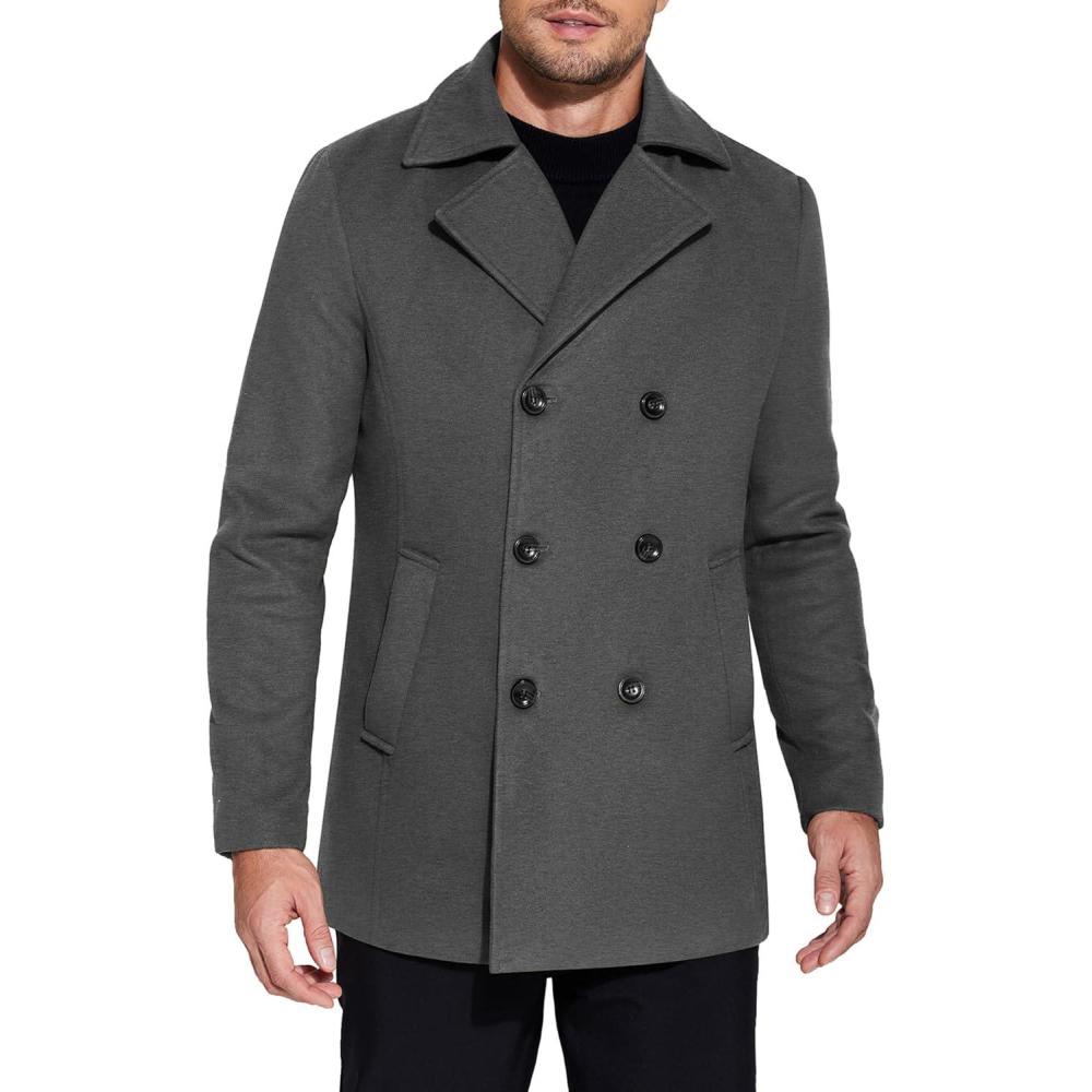 imageCOOFANDY Mens Double Breasted Pea Coat Winter Overcoat Short Trench Coat Notched CollarDark Grey