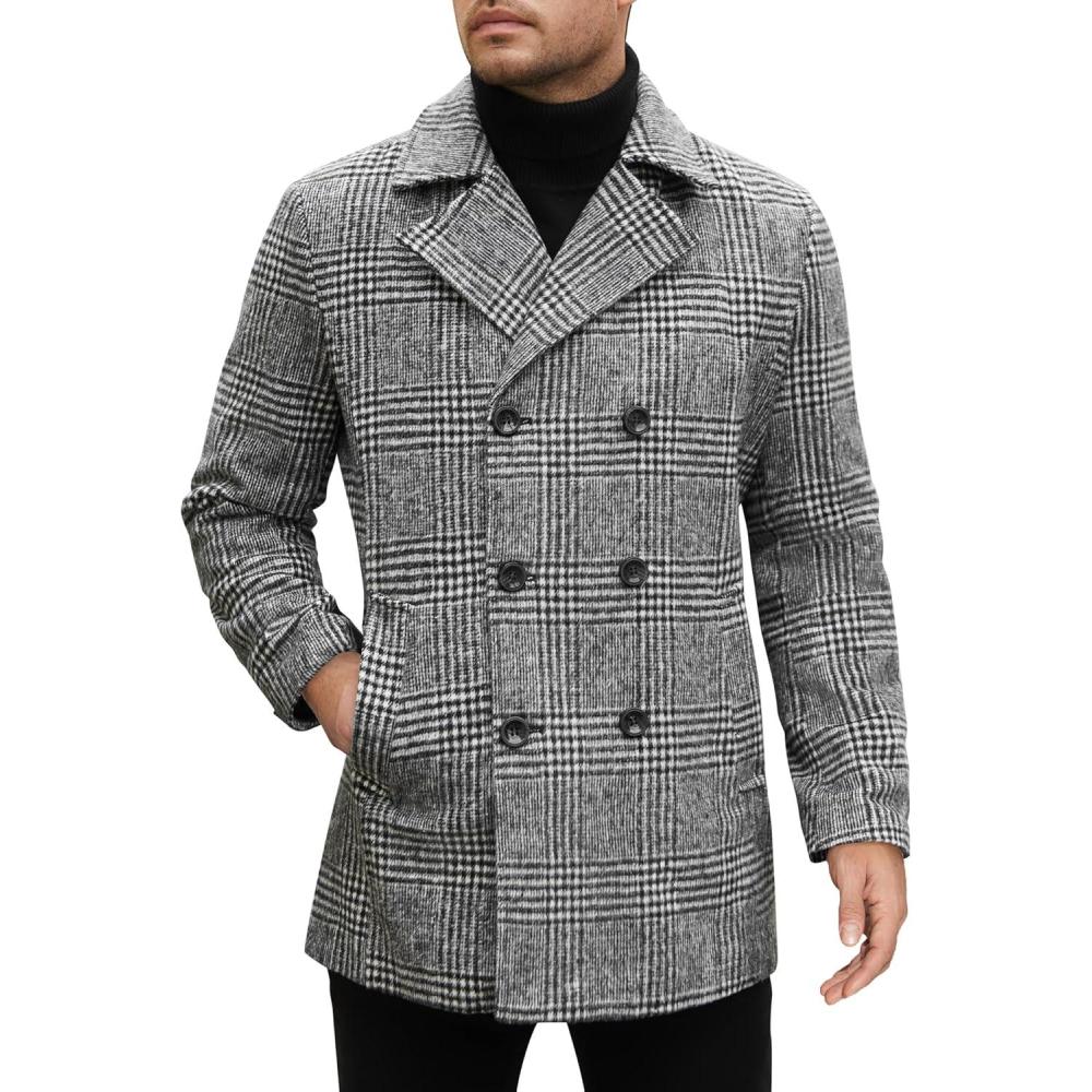 imageCOOFANDY Mens Double Breasted Pea Coat Winter Overcoat Short Trench Coat Notched CollarGrey Plaid