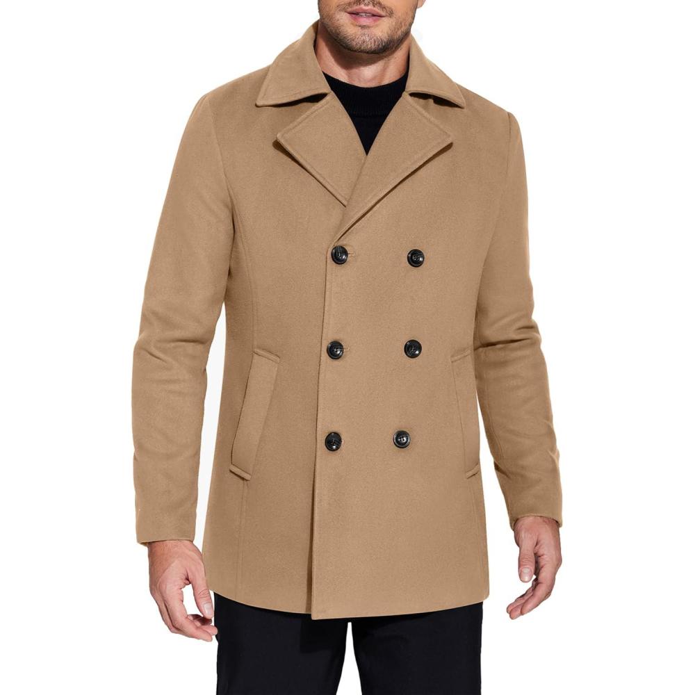 imageCOOFANDY Mens Double Breasted Pea Coat Winter Overcoat Short Trench Coat Notched CollarKhaki