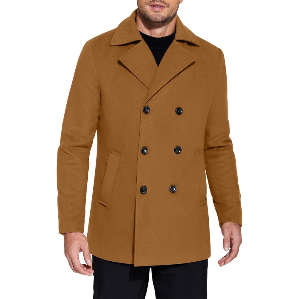 imageCOOFANDY Mens Double Breasted Pea Coat Winter Overcoat Short Trench Coat Notched CollarLight Brown
