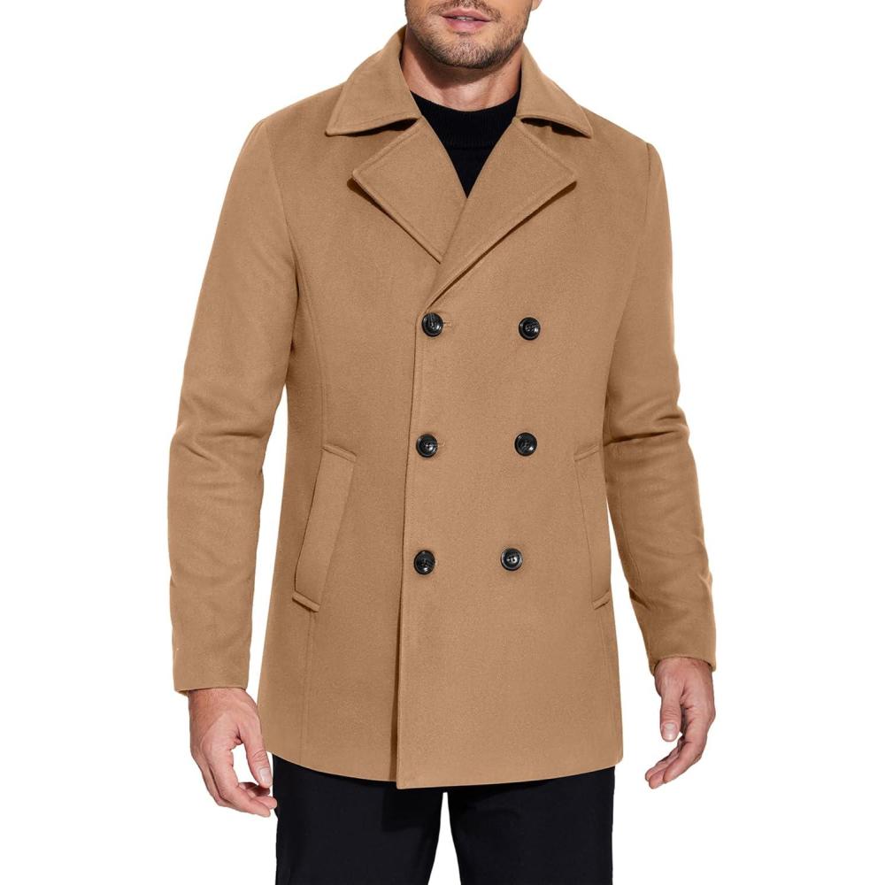 imageCOOFANDY Mens Double Breasted Pea Coat Winter Overcoat Short Trench Coat Notched CollarLight Tan