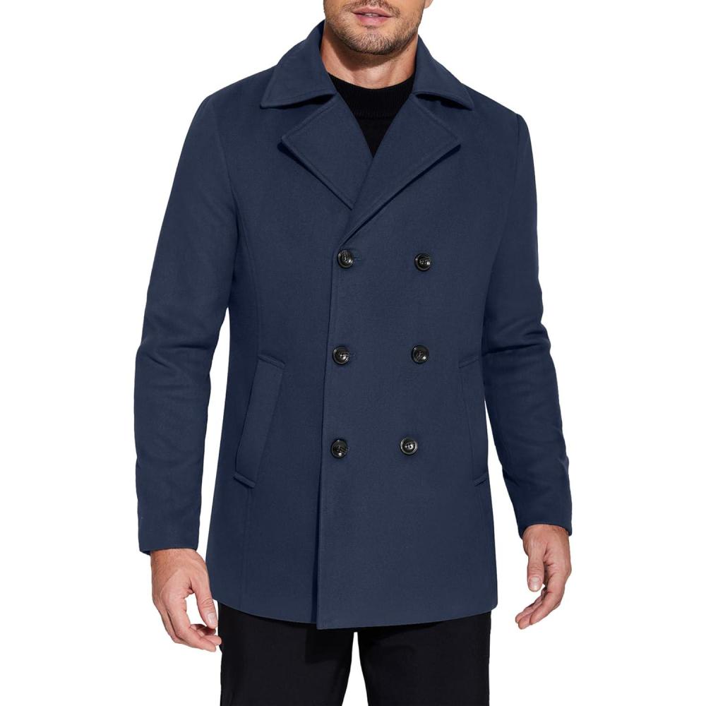 imageCOOFANDY Mens Double Breasted Pea Coat Winter Overcoat Short Trench Coat Notched CollarNavy Blue