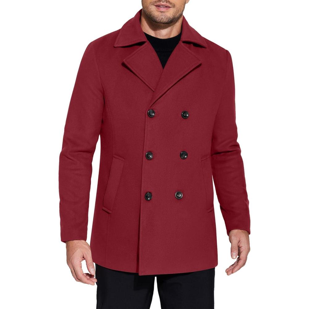 imageCOOFANDY Mens Double Breasted Pea Coat Winter Overcoat Short Trench Coat Notched CollarRed
