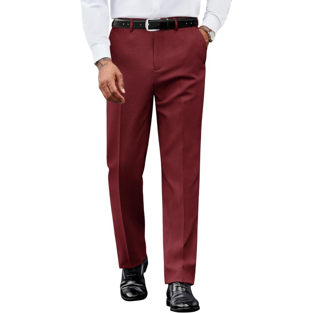 imageCOOFANDY Mens Dress Pants Regular Fit Flat Front Pant Expandable Waist Casual SlacksBurgundy Red