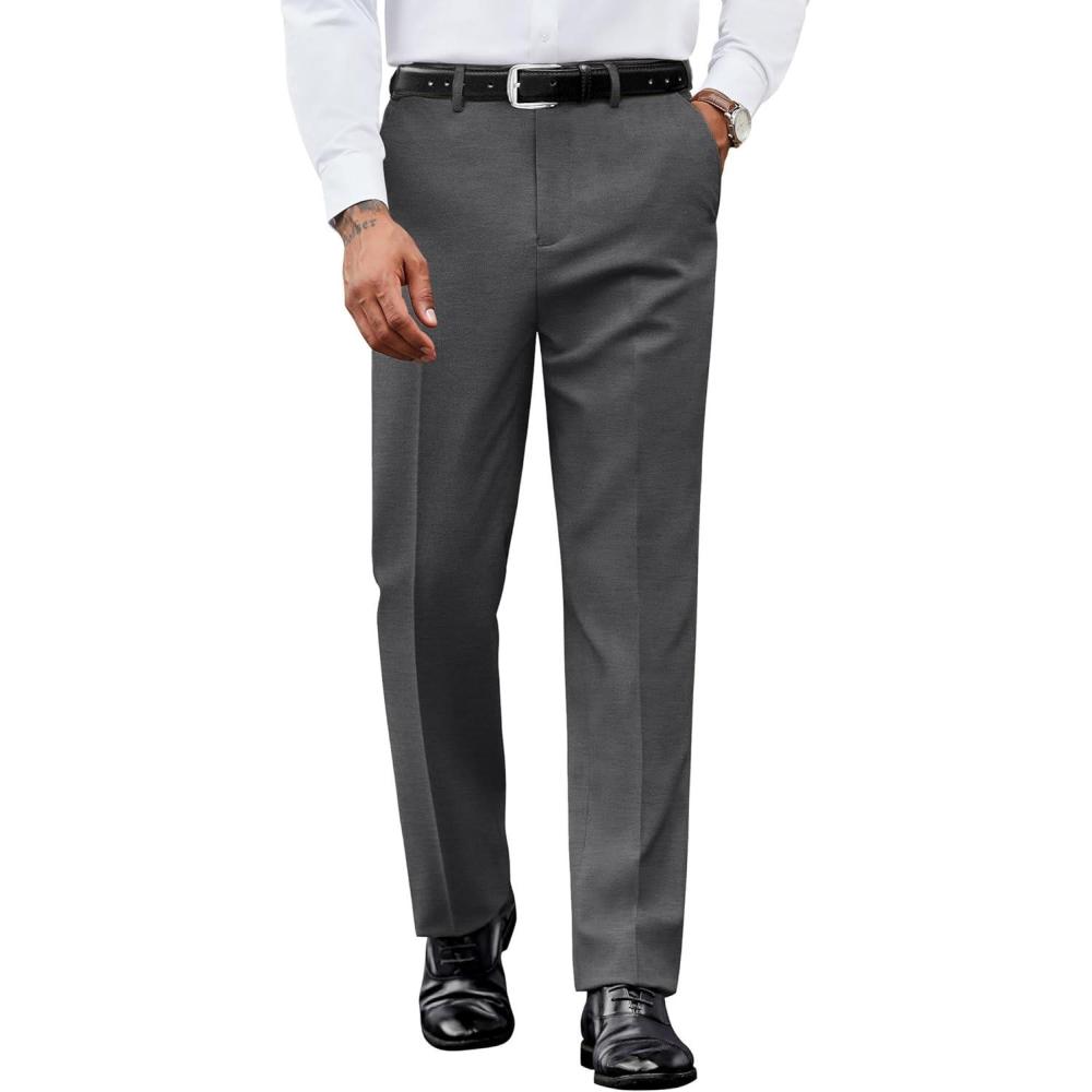 imageCOOFANDY Mens Dress Pants Regular Fit Flat Front Pant Expandable Waist Casual SlacksGray