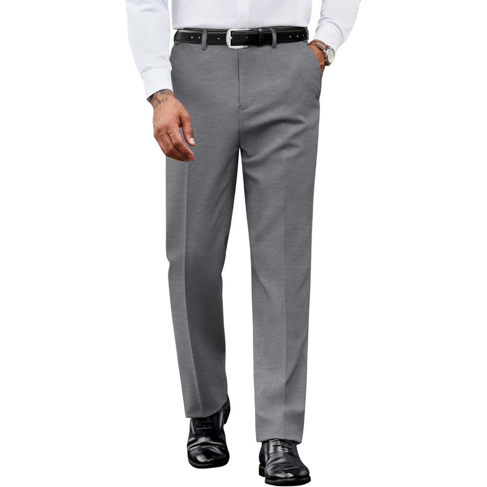 imageCOOFANDY Mens Dress Pants Regular Fit Flat Front Pant Expandable Waist Casual SlacksLight Gray